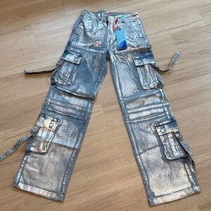 Metallic Coated Silver Cargo Pants